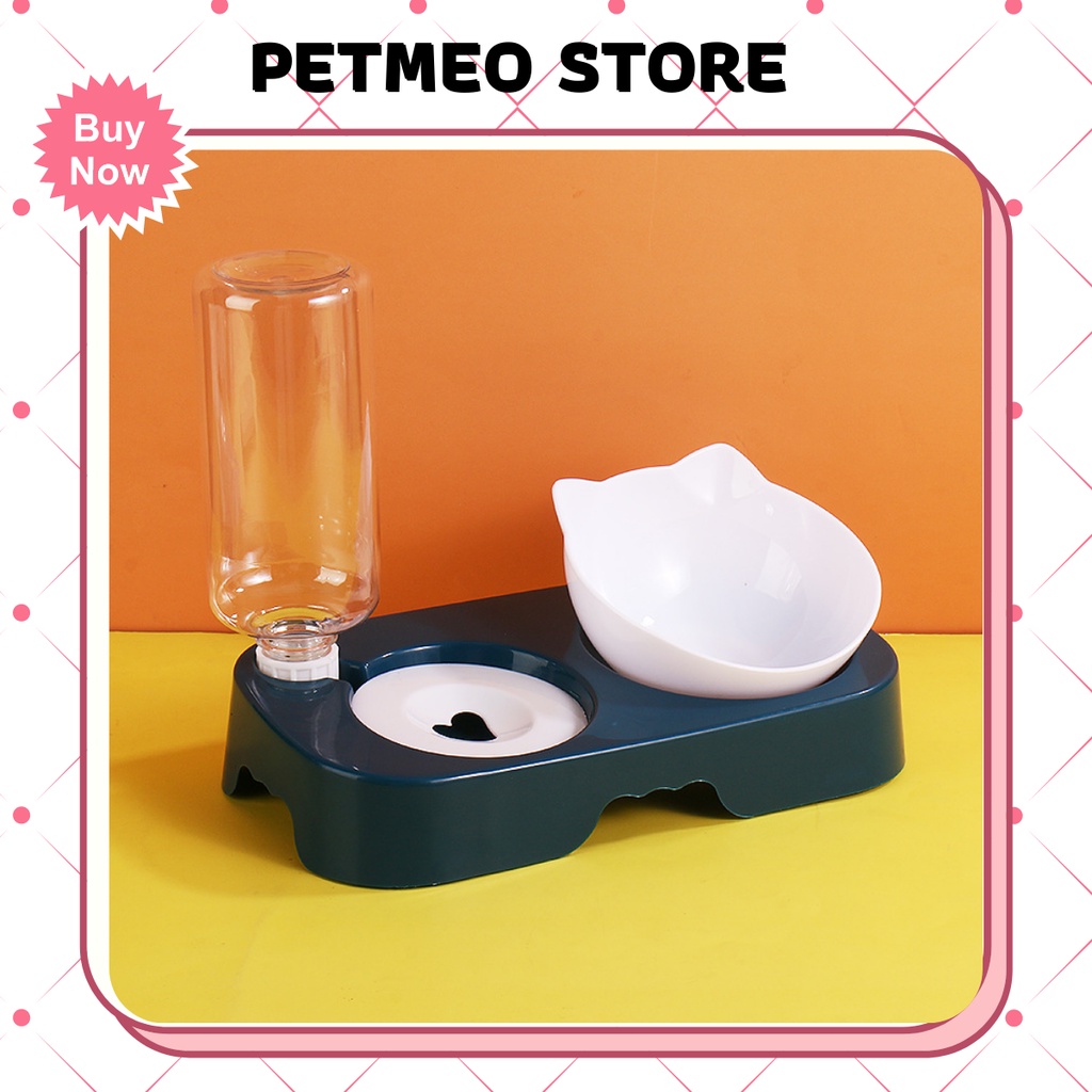 Bát ăn đôi cho chó mèo thiết kế chống gù kèm bình nước tự động 500ml - PETMEO