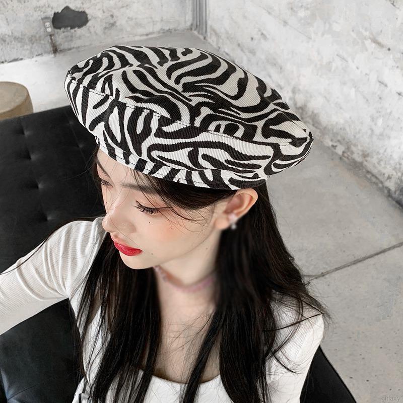 Mũ beret họa tiết sọc ngựa vằn thời trang Hàn Quốc cho nữ