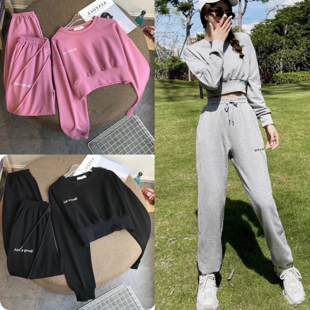 Sét bộ nỉ nữ thể thao unisex thêu chữ- áo croptop dài tay kèm quần jogger chất da cát dày dặn phong cách ulzzang