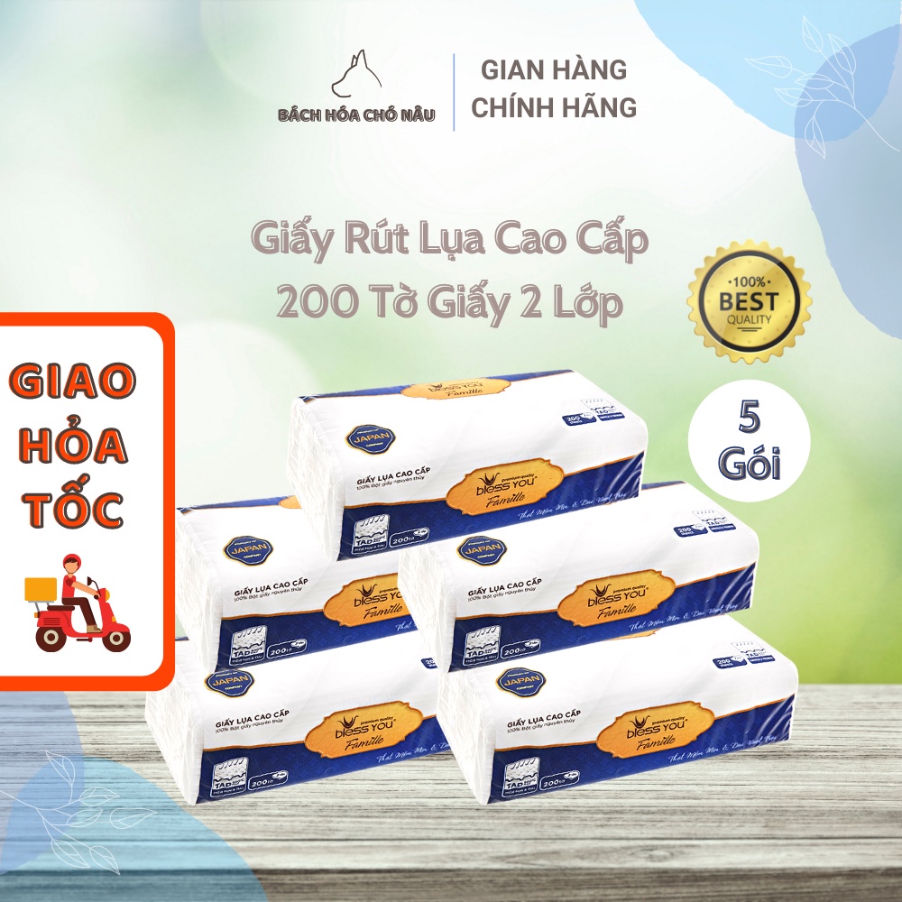 COMBO 5 Giấy Rút Lụa Nhật Bản Bless You Famille 200 Tờ Giấy 2 Lớp Cao Cấp [ Hàng Mới Chính Hãng]
