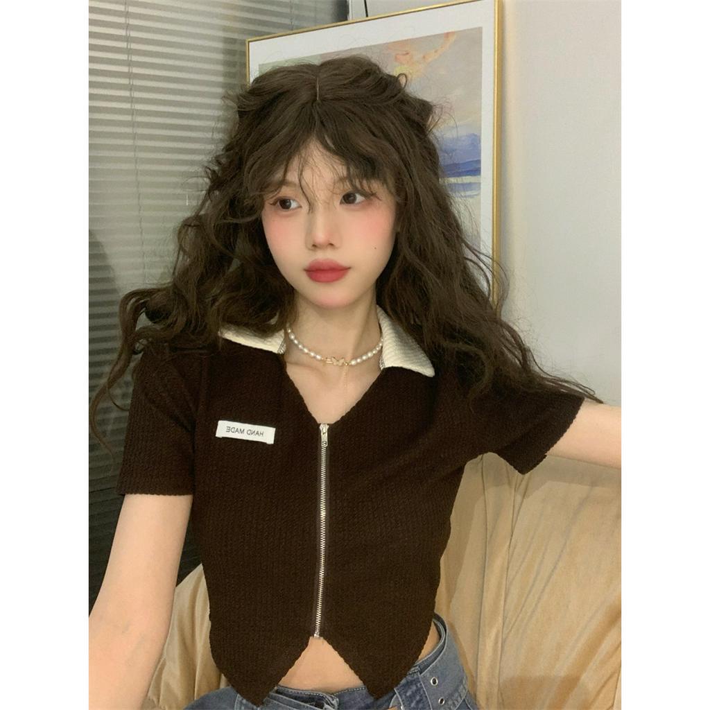 QADCOL Áo Thun Dệt Kim Tay Ngắn Dáng Ôm Có Khóa Kéo Thời Trang Mùa Hè Cho Nữ