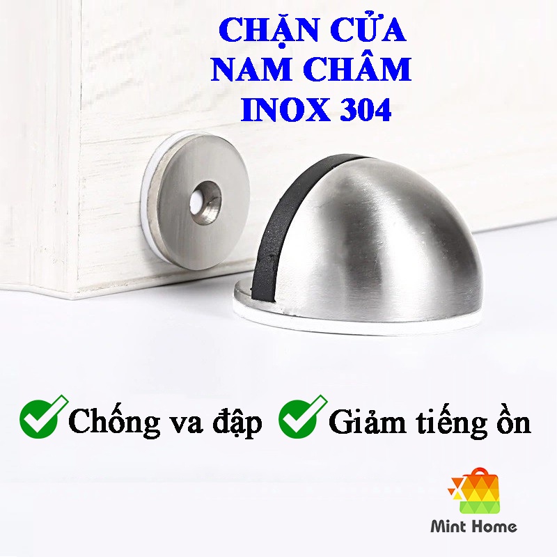 Chặn cửa bán nguyệt inox siêu hít nam châm chống va đập, ồn thông minh cho bé gắn sàn kèm miếng dán tường 3M, đồ ốc vít