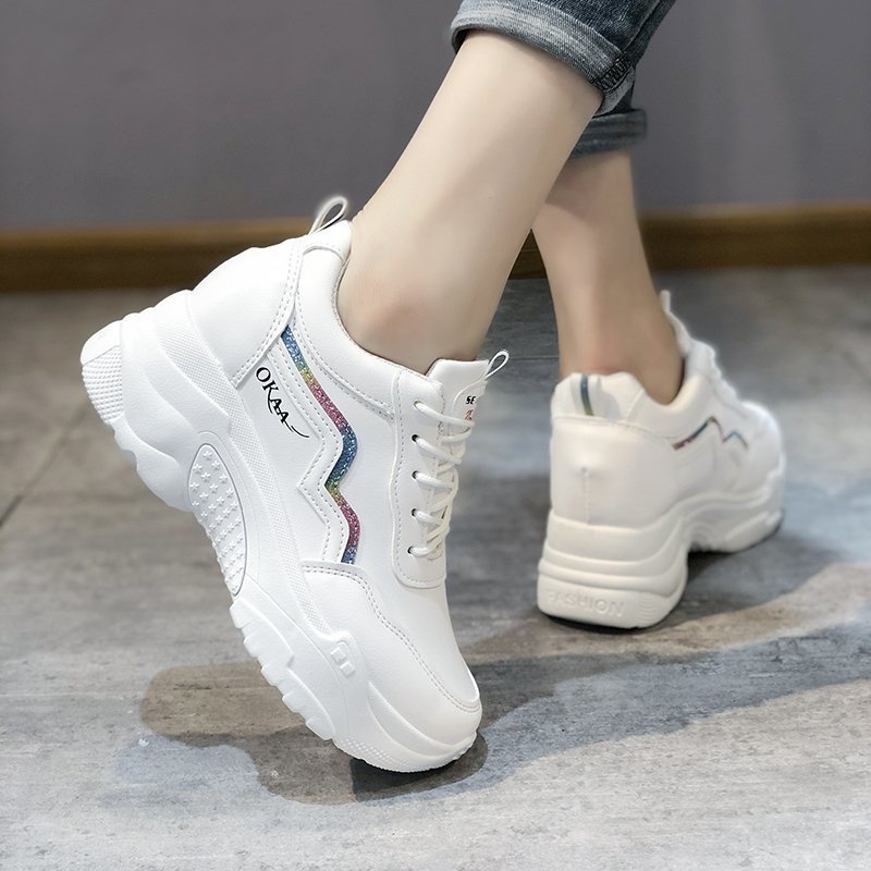 Giày Da Nữ, Giày Sneaker Da Nữ G63 Màu Trắng Đẹp Độn Đế 7 Phân Tăng Chiều Cao Cho Học Sinh Sinh Viên