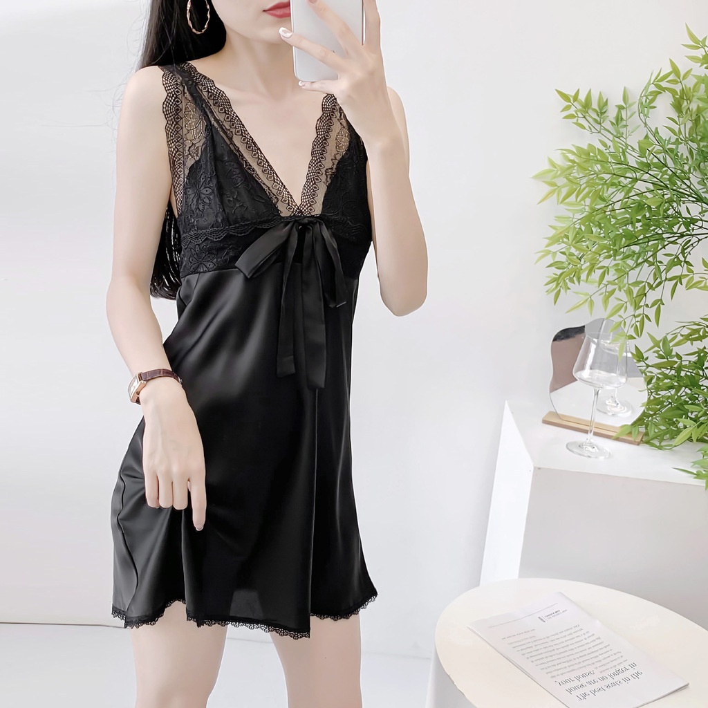 Đầm Ngủ Hai Dây Vải Lụa Mát Viền Ren Lưng Đính Nơ Gợi Cảm Thời Trang Xuân Hè Dành Cho Bạn Nữ