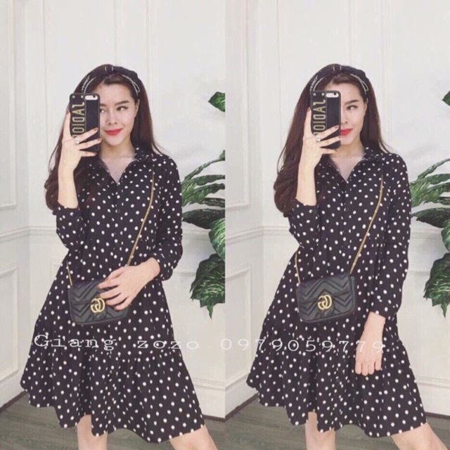 VÁY CỔ SƠ MI CHẤM BI ĐEN XOÈ CHẤT DÀY DẶN L1
