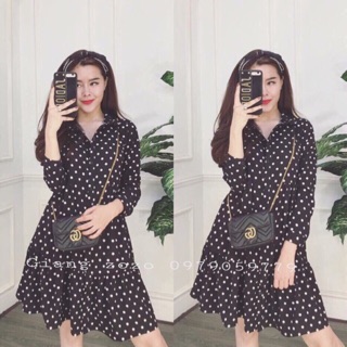 Váy cổ sơ mi chấm bi đen xoè chất dày dặn l1