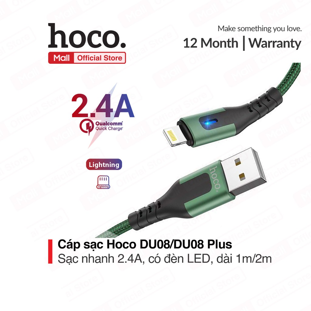 Cáp sạc Hoco DU08/DU08 Plus USB to Lightning, sạc nhanh 2.4A, dây bọc dù chống đứt, có đèn LED dài 1m/2m
