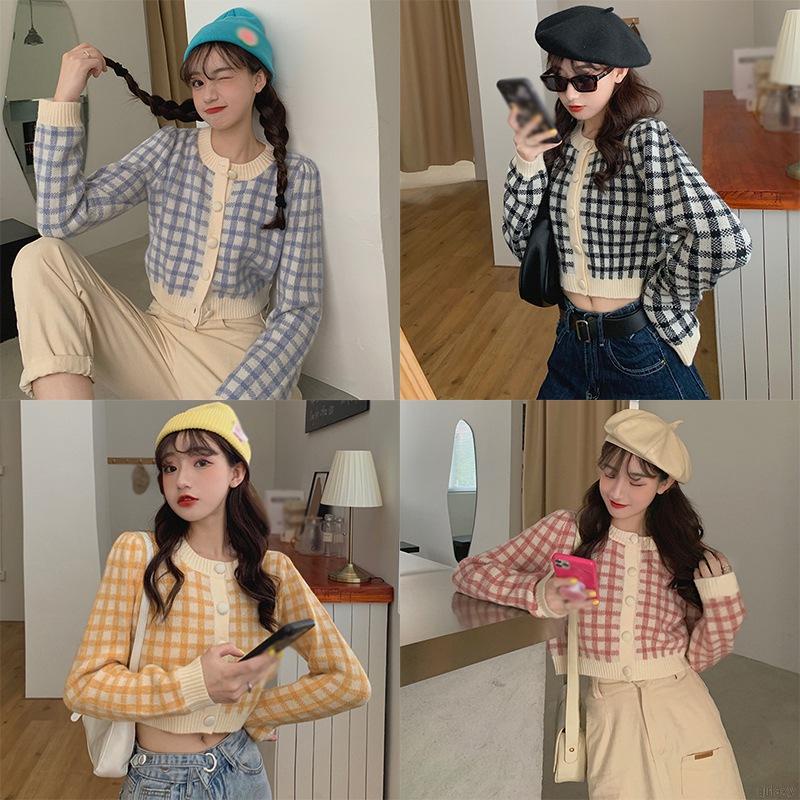 Áo khoác len cardigan tay dài cổ tròn họa tiết sọc caro phong cách Hàn Quốc cho nữ