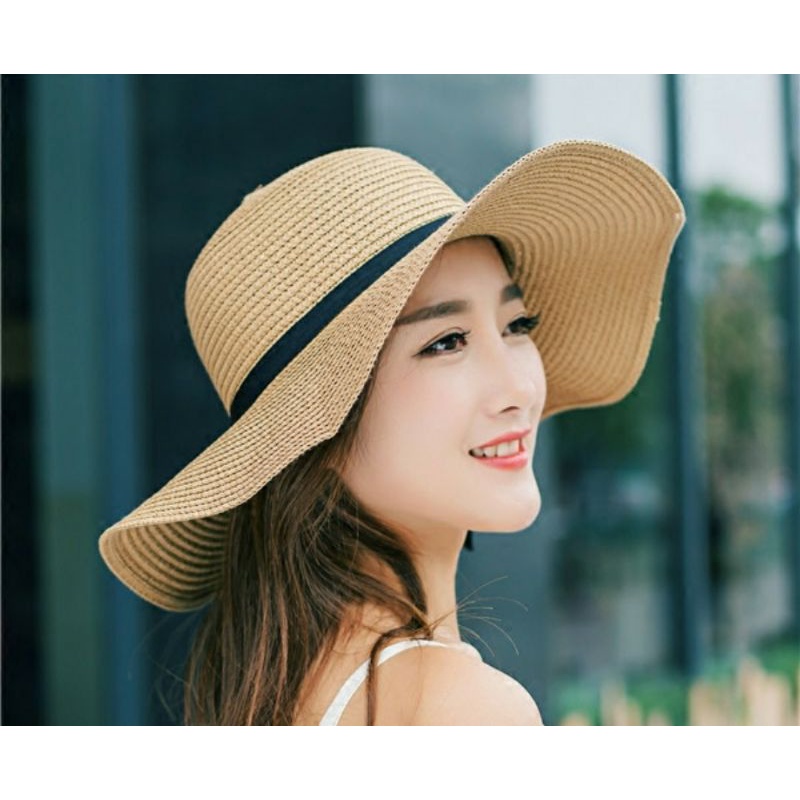 Mũ đi biển cói nón rộng vành chống nắng UV phối dây đen