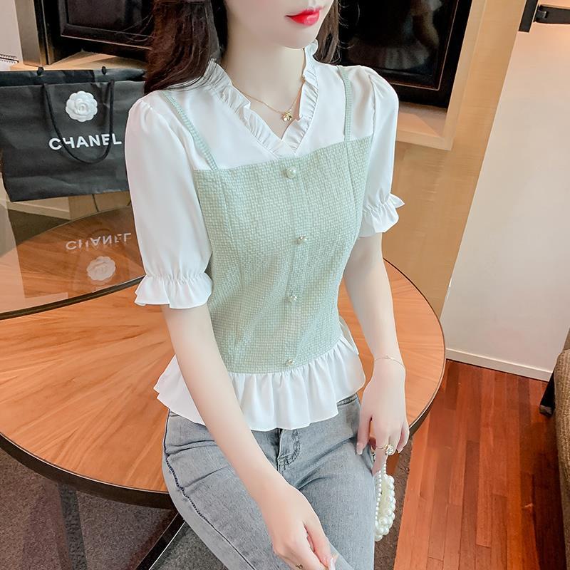 Áo Sơ Mi Ngắn Tay Cổ Chữ V Giả Hai Lớp Thời Trang Mùa Hè Dành Cho Nữ