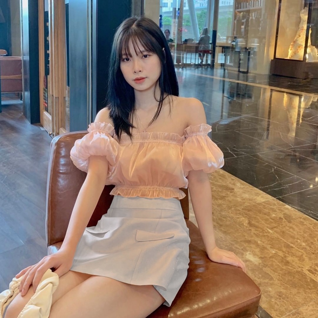 Áo trễ vai croptop tay bồng rời [2 lớp] Áo quây chất tơ oganza A-3M.