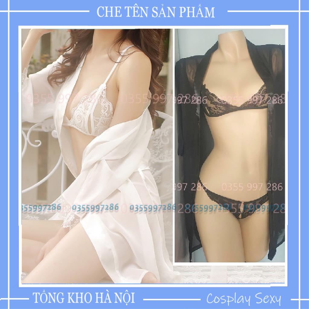 Áo Choàng Ngủ Kèm Set Bikini Cao Cấp, Set Đồ Ngủ Sexy Xuyên Thấu Gồm Áo Choàng + ĐỒ Lót Mã ACBI001, Màu đen,trắng TKVN