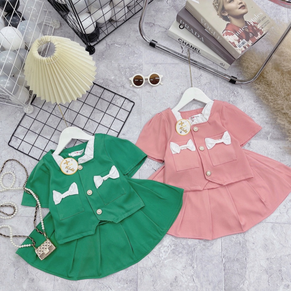 Sét váy dạ mềm bèo cổ thắt nơ ốp ngực và phần chân váy xếp ly liền quần 15-30kg