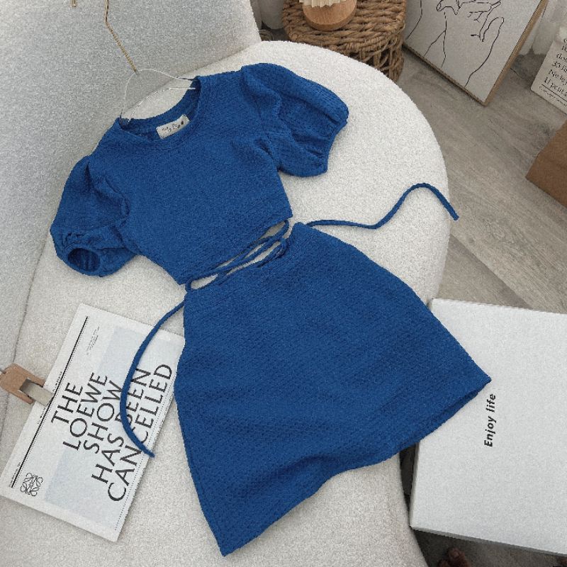 SET ÁO CROPTOP XANH COBAN CỘT DÂY EO CHÂN VÁY🖤- CHUẨN HÌNH SÀN