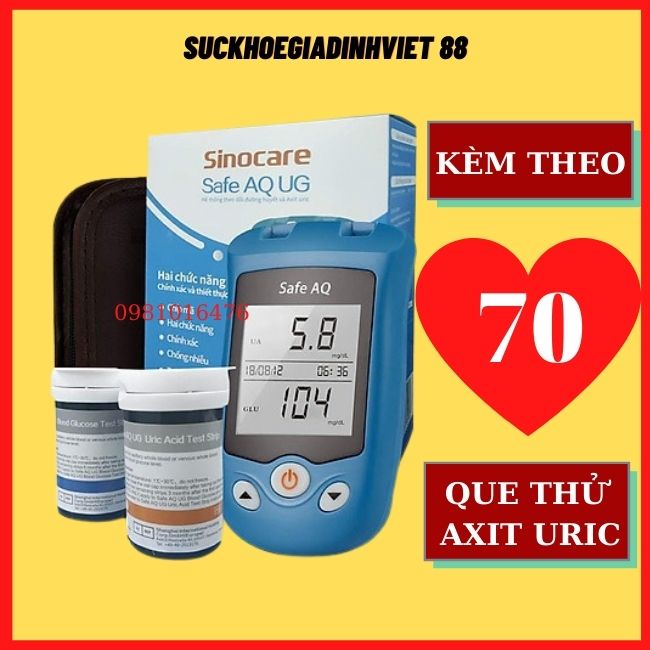 Máy đo đường huyết Axit Uric Sinocare Safe AQ UG + 70 que Axit Uric + 25que đường + 50 kim + Mua 2 bộ tặng thớt inox