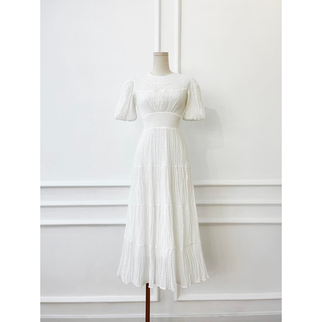 [HÀNG THIẾT KẾ CAO CẤP] Đầm Maxi Tay Phồng Xốp Nhún Phân Tầng Chit Eo Tôn Dáng Đi Biển / Công Sở Màu Trắng