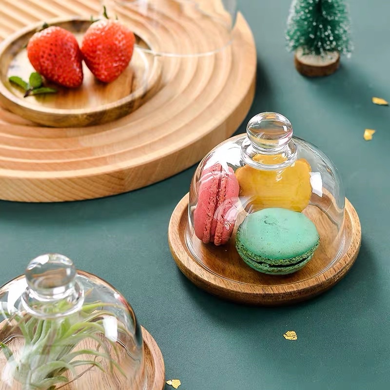 Set chụp thuỷ tinh kèm đế gỗ đựng bánh ngọt, bánh kem