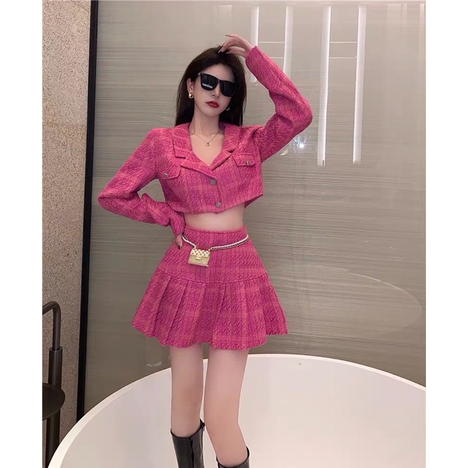 Set áo dạ tweet dáng croptop + chân váy ngắn xếp li