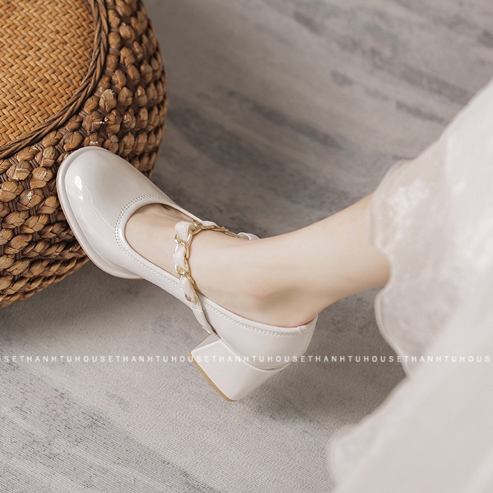 Giày Cao Gót Nữ Mary Jane Da Bóng Phối Nơ Lụa Quai Xích Sang Trọng - GD018
