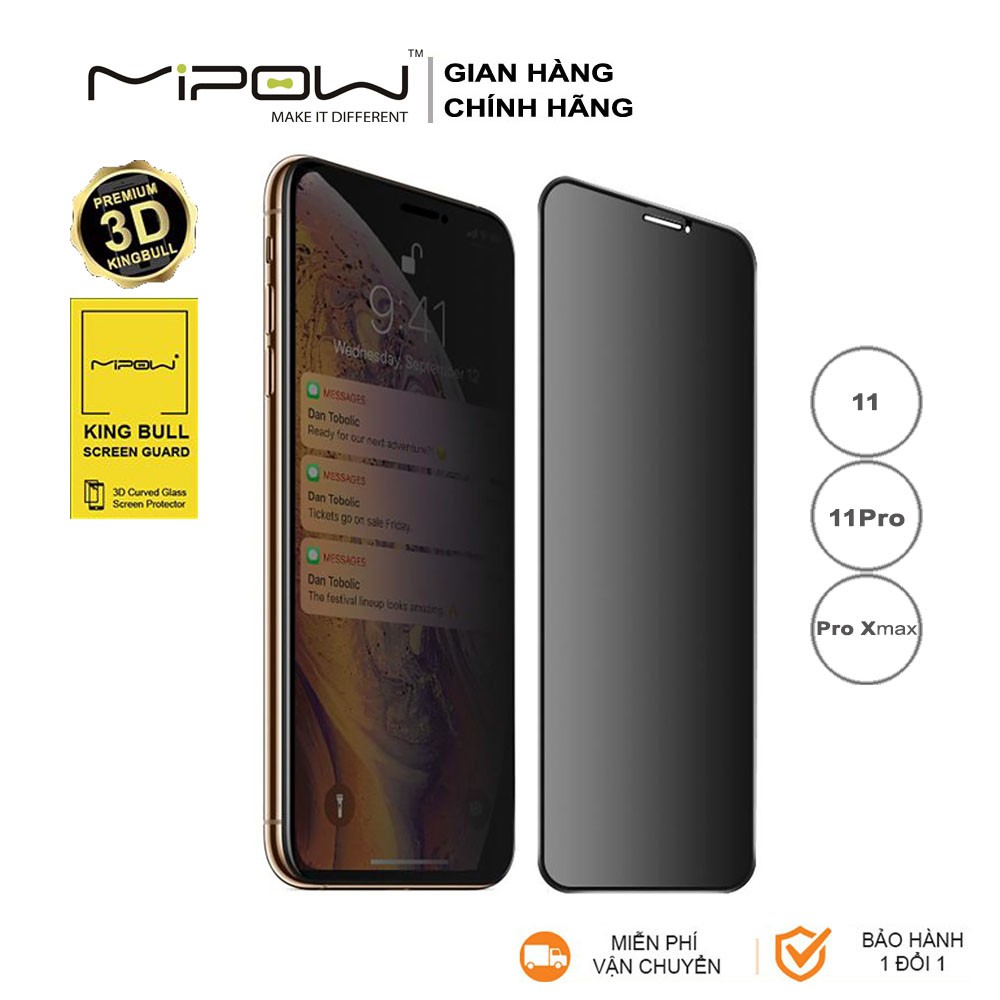 Kính cường lực chống nhìn trộm Mipow Kingbull 3D Anti-Spy PREMIUM cho iPhone 11/11Pro/11Pro Max