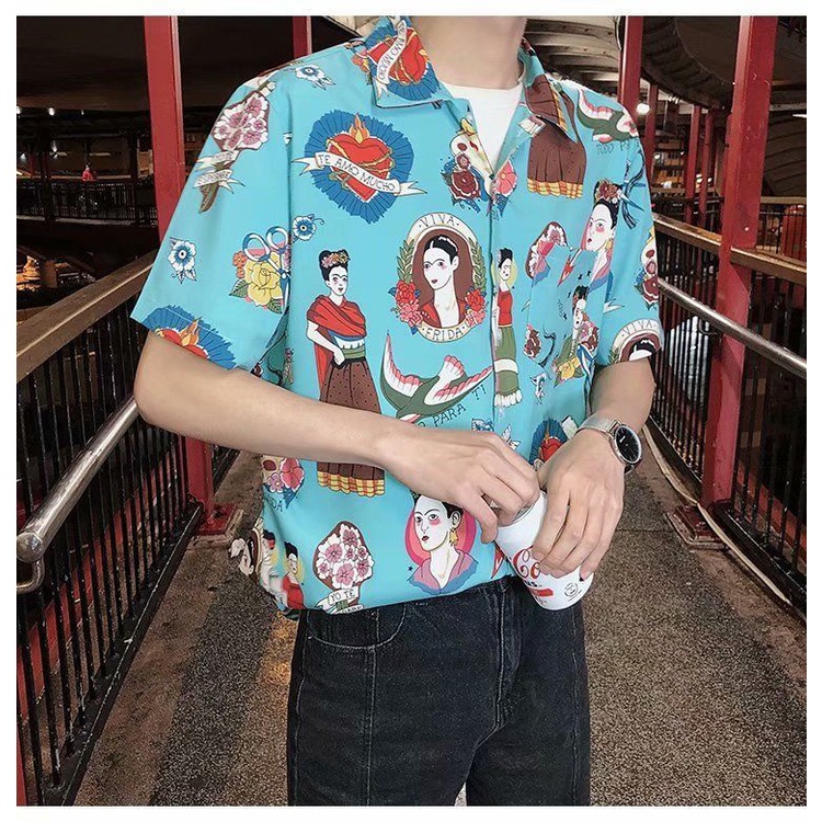 Áo Sơ Mi Nam Tay Dài Có Cổ Họa Tiết Chú Mèo Thời Trang