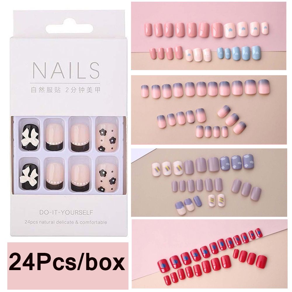 [Hàng mới về] Hộp 24 móng tay giả dáng vuông che toàn móng có thể tái sử dụng tiện lợi