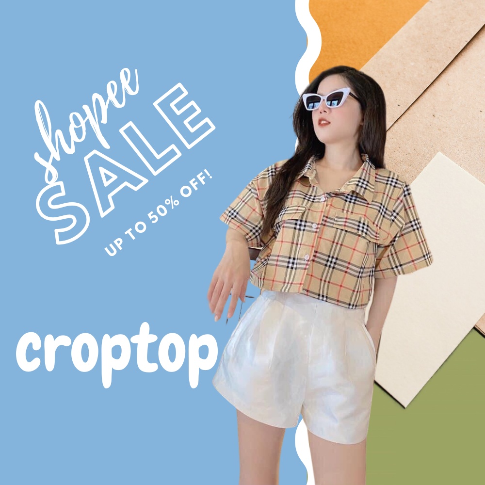 Áo sơ mi coptop kẻ Caro BBR dáng croptop dáng ngắn chất lụa mềm siêu đẹp, áo croptop thời trang
