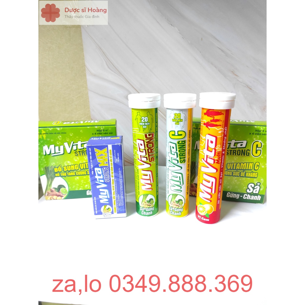 Myvita Strong C Sả - Gừng - Chanh &amp; Myvita Strong Max Cam - Viên Sủi Bổ Sung Vitamin C, Hỗ Trợ Tăng Cường Sức Đề Kháng