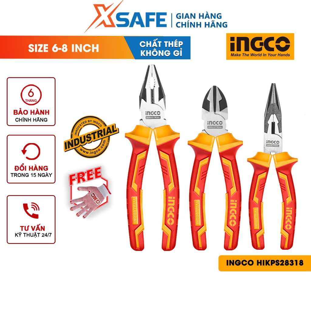 Bộ 3 kìm răng, cắt và mũi nhọn cao cấp INGCO HIKPS28318 Bộ kềm 3 chi tiết cách điện lên đến 1000V, chịu lực, chịu nhiệt