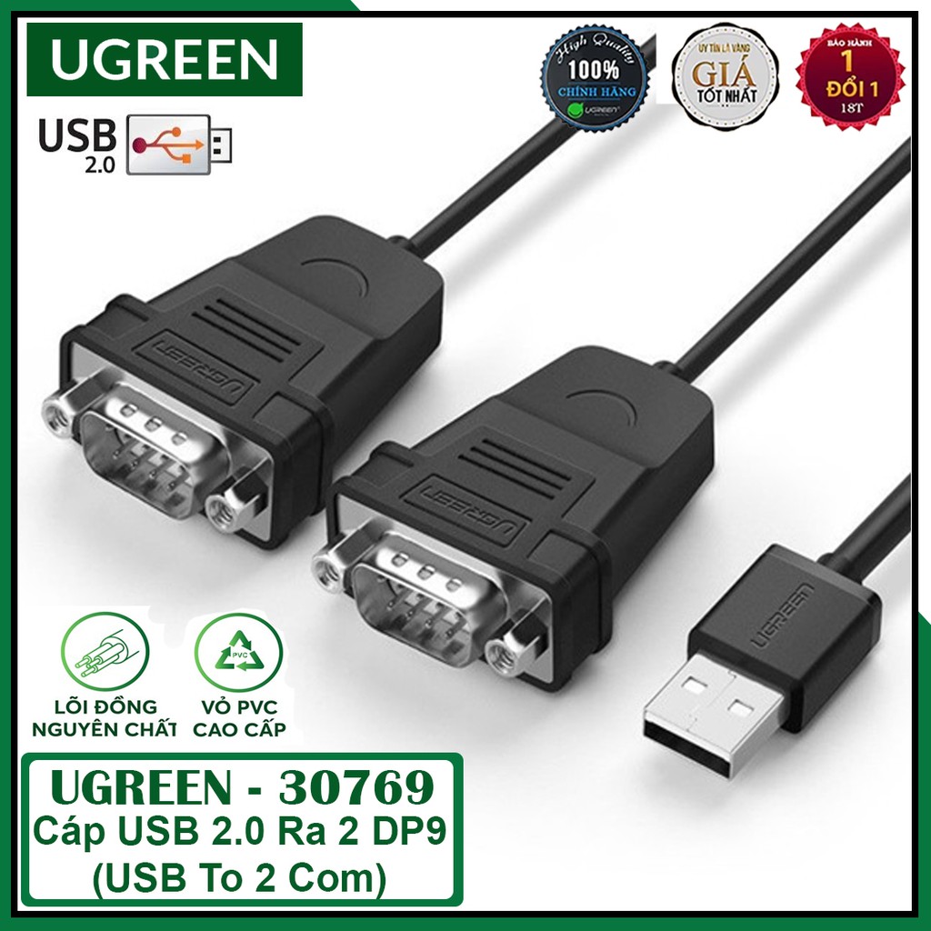 Cáp USB 2.0 RA 2 DB9 (USB TO 2 COM) Cao Cấp, UGREEN 30769 Chính Hãng