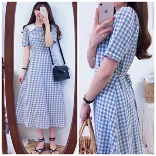 Đầm váy caro xanh phối trắng (kèm hình thật)
