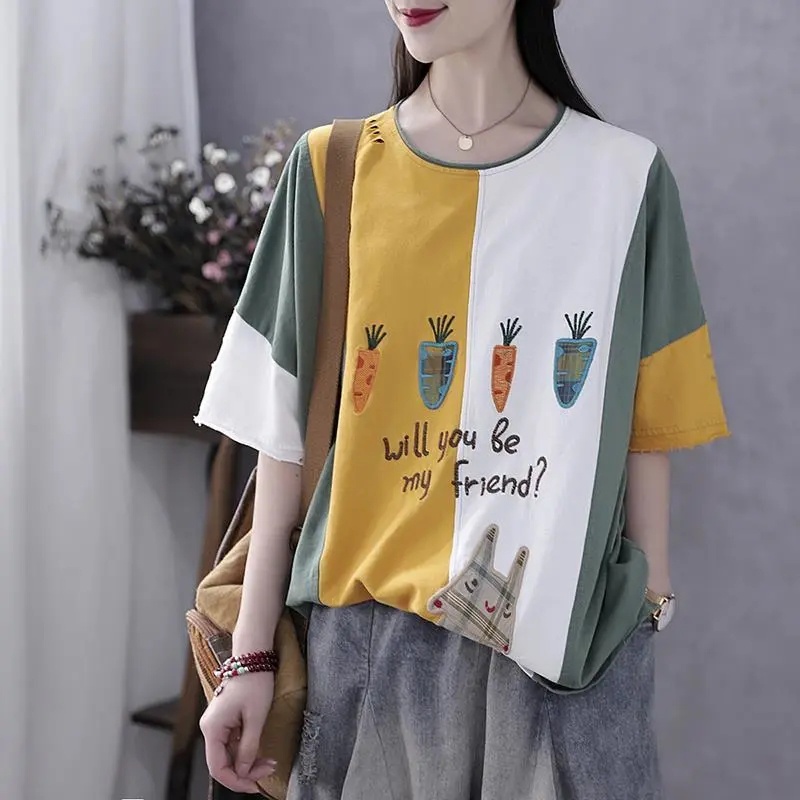 Áo Thun Cotton Nguyên Chất Dáng Rộng Tay Ngắn Cổ Tròn In Họa Tiết Màu Sắc Thời Trang Mùa Hè Phong Cách Hàn Quốc Cho Nữ C8581