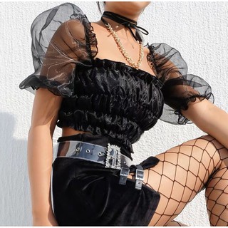 Áo croptop trễ vai chất ngầu 🖤 tay voan lưới bồng bềnh mây trôi ⛅ trắng đen trơn ngắn nữ swag girl CRON 113 SALE -C