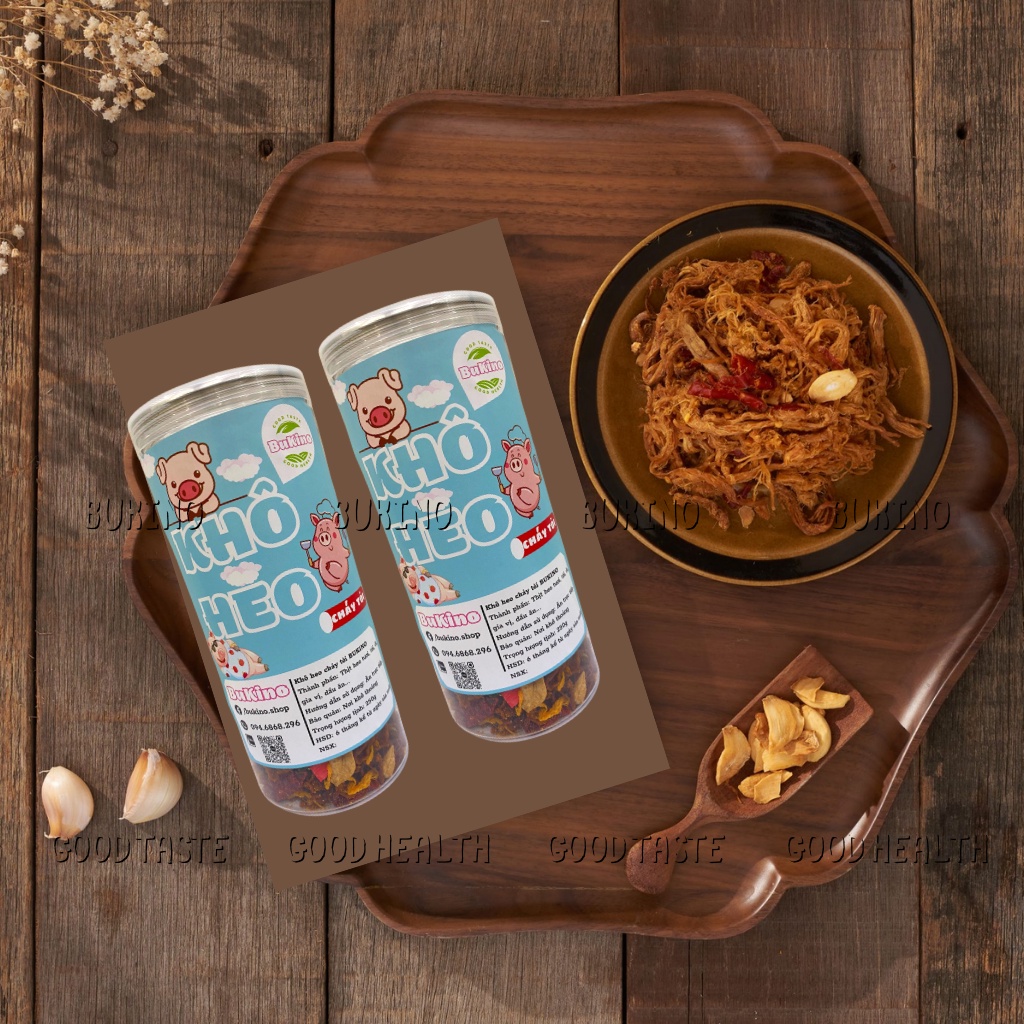 Heo khô, khô lợn cháy bơ tỏi BUKINO, khô heo hộp 250gr, đồ ăn vặt ngon rẻ Hà Nội, ship hỏa tốc