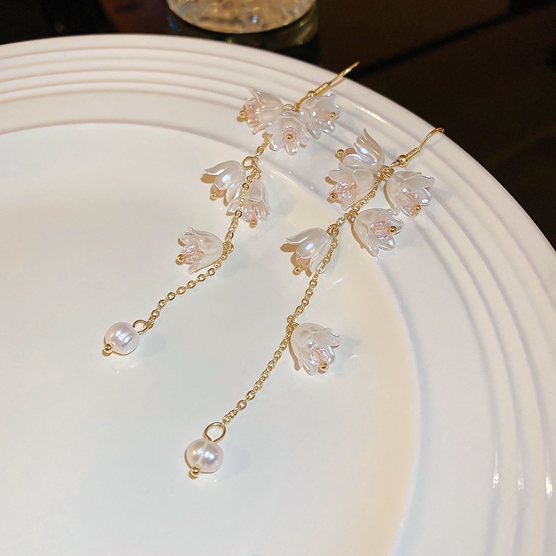 Khuyên Tai Tua Rua Hình Hoa Lan Đính Ngọc Trai Thời Trang Cho Nữ