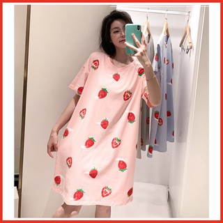 Váy ngủ, Đầm ngủ họa tiết Quả Dâu Hồng - Bộ đồ ngủ nữ Pijama ngắn tay form rộng
