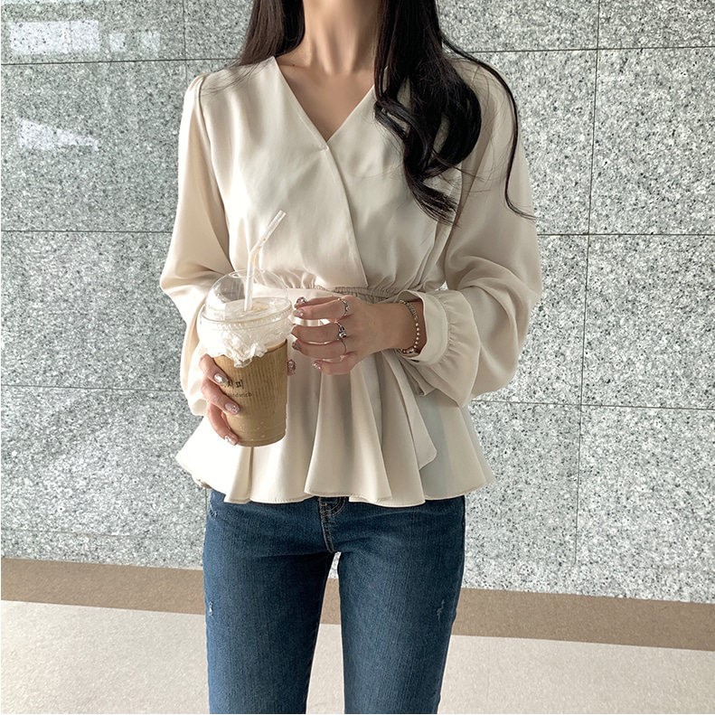 Áo kiểu nữ tay dài cổ chữ V thời trang Hàn Quốc 32531