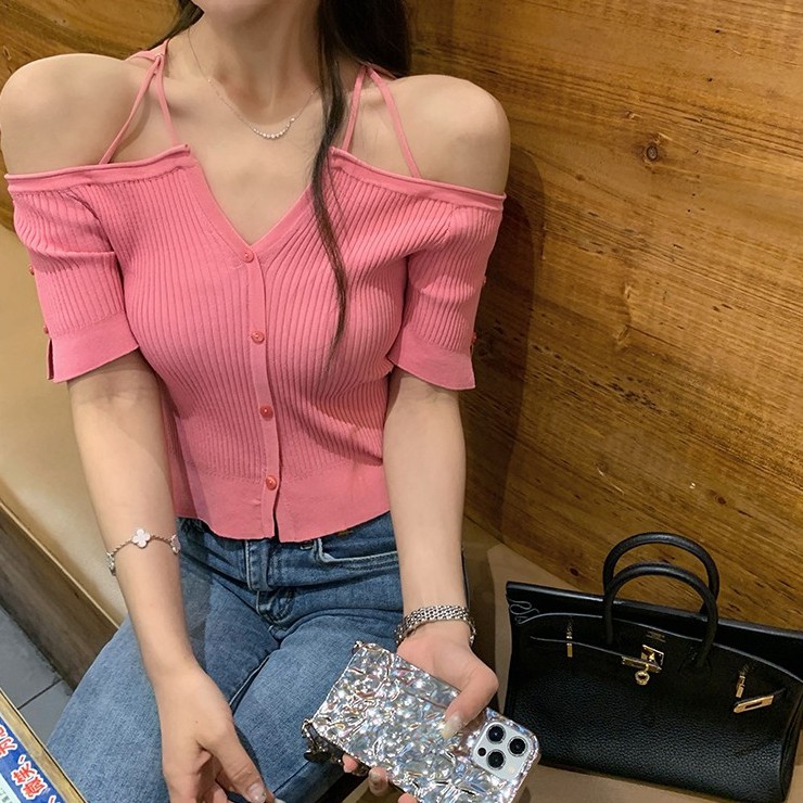 Cocory vn Áo croptop dệt kim tay ngắn trễ vai thiết kế ôm sát quyến rũ