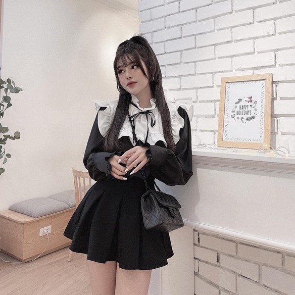SET 2 MÓN Set Áo Sơ Mi Bèo Cổ Nơ Kèm Chân Váy Ngắn Xoè Xếp Ly Hàng Loại 1 MPB, Set Trang Phục Nữ Đẹp Giá Rẻ