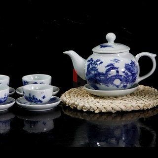 HỢP MỌI PHÒNG KHÁCH, Bộ ấm trà hoa nhài men lam vẽ Sơn Thủy, bộ ấm chén trà đạo, bộ ấm chén cao cấp, bộ ấm trà