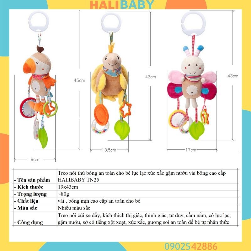 Treo nôi thú bông an toàn cho bé lục lạc xúc xắc gặm nướu vải bông cao cấp HALIBABY TN25