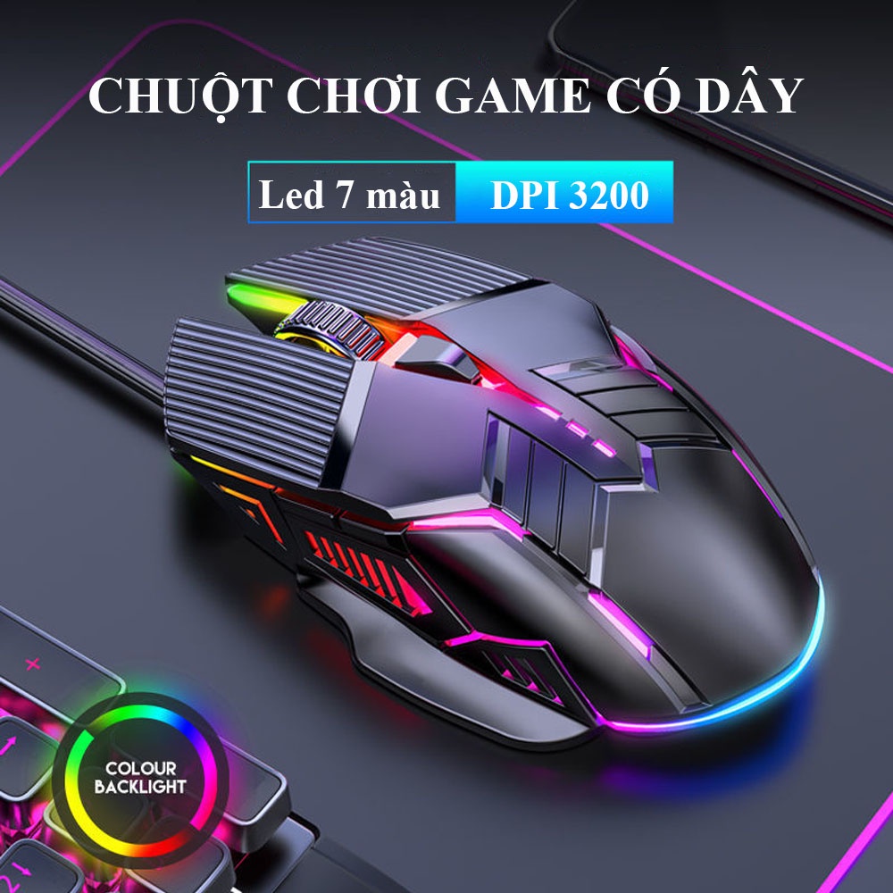 Chuột máy tính gaming có dây S800 3200DPI chế độ LED 7 màu 6 nút bấm thiết kế cải tiến cho cảm giác cầm nắm tuyệt vời