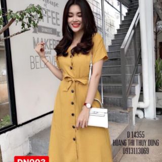 Đầm sơ mi nút cột eo