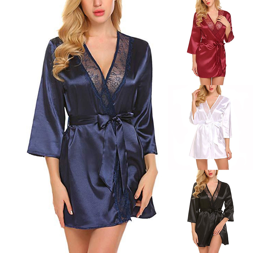 [GN] Áo Choàng Ngủ Kimono Bằng Satin Phối Ren Màu Trơn Gợi Cảm Cho Nữ