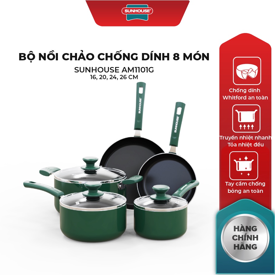 Bộ nồi chảo chống dính Sunhouse AM1101G | 16cm/20cm/24cm/26cm | Hàng chuẩn Mỹ, Bán độc quyền online