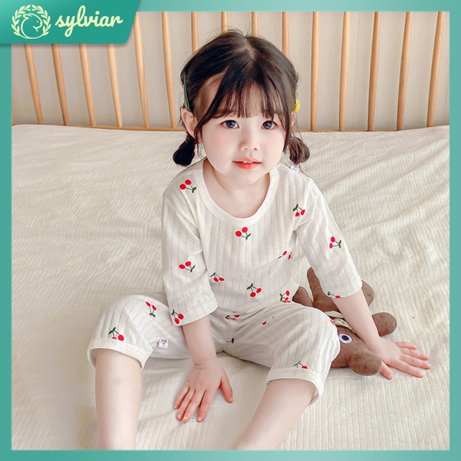 Bộ Đồ Ngủ 2 Món Tay 3/4 Vải Cotton Thoáng Khí In Họa Tiết Hoạt Hình Dễ Thương Cho Bé