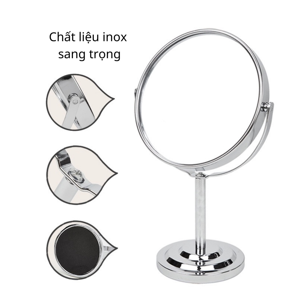 Gương để bàn trang điểm bằng Inox Cao cấp không gỉ cỡ lớn xoay 360 độ zoom x2 KEENGSTORE GBCC01