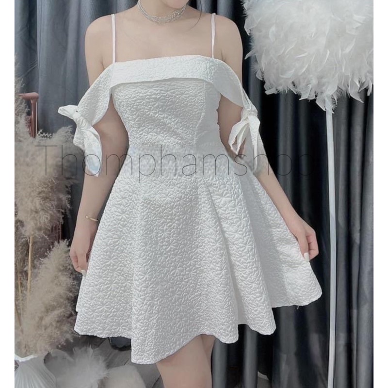 Váy 2 dây trễ vai, váy xốp ngắn dáng xòe nơ vai - SHOP THƠM PHẠM
