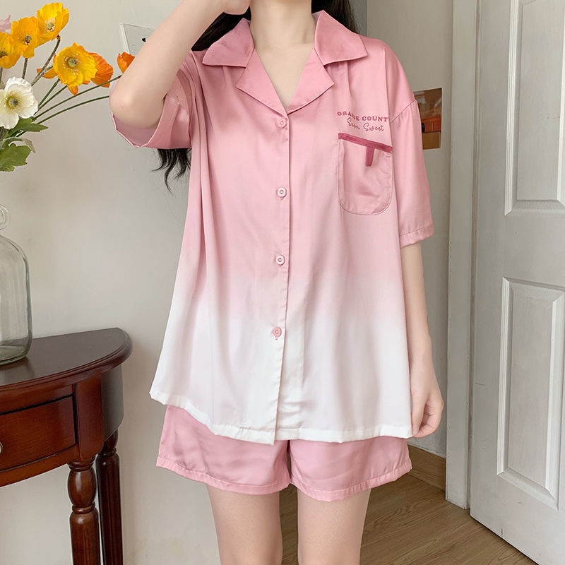 New style ice silk pajamas women's suit sweet girl style home clothes net red lovely Korean imitation silk short sleeved shorts