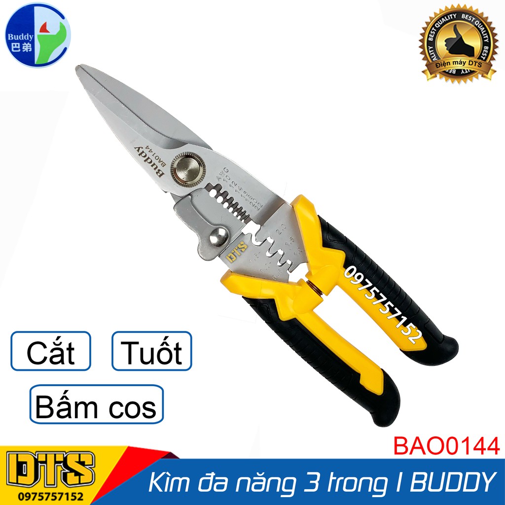 Kìm cắt dây đa năng cao cấp Nhật Bản 3 trong 1 Buddy BA0144 8inch/200mm (Cắt cáp-Tuốt dây-Bấm cos) - Standard JAPAN